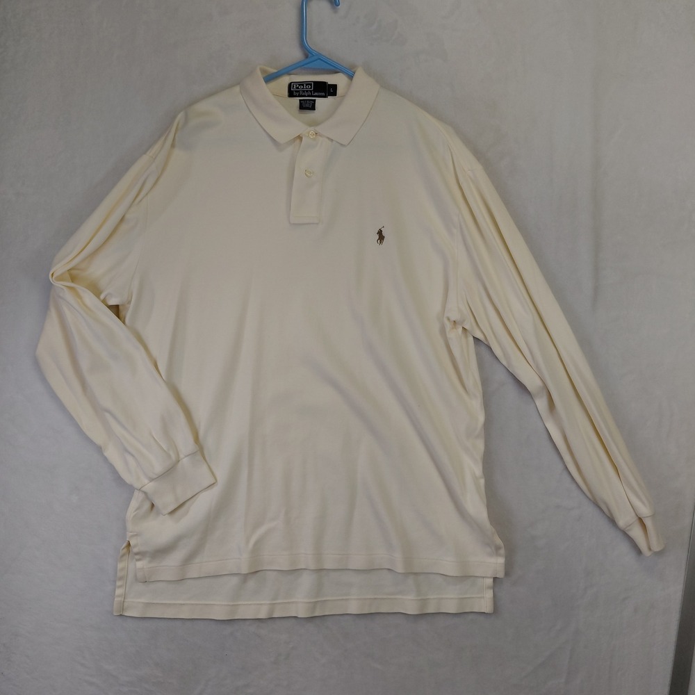 Polo Ralph Lauren Mens Large Cream Long Sleeve Cotton Polo Shirt Off White L